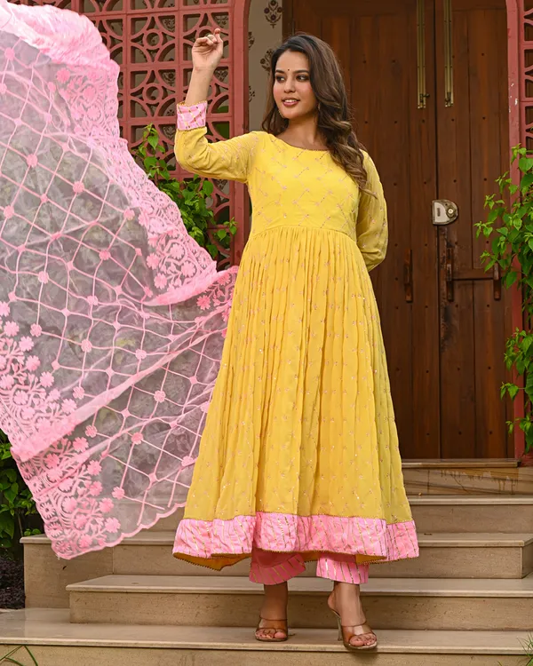 Yellow_Embroidered_Anarkali_Kurta_Set_with_Pink_Dupatta