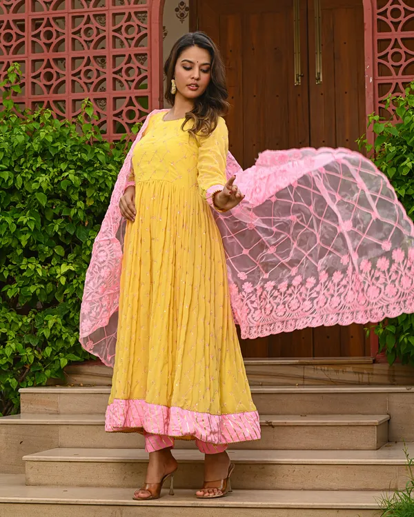 Yellow_Embroidered_Anarkali_Kurta_Set_with_Pink_Dupatta