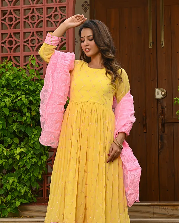 Yellow_Embroidered_Anarkali_Kurta_Set_with_Pink_Dupatta