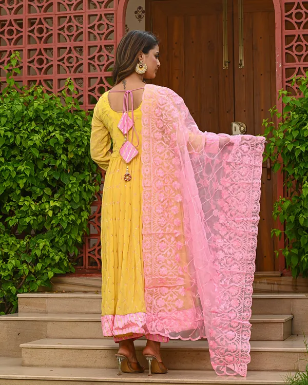Yellow_Embroidered_Anarkali_Kurta_Set_with_Pink_Dupatta