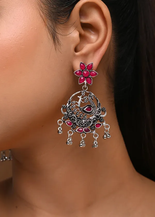 Oxidized_Silver-Toned_Peacock_Drop_Earrings_with_Ruby_Stone_Floral_Top