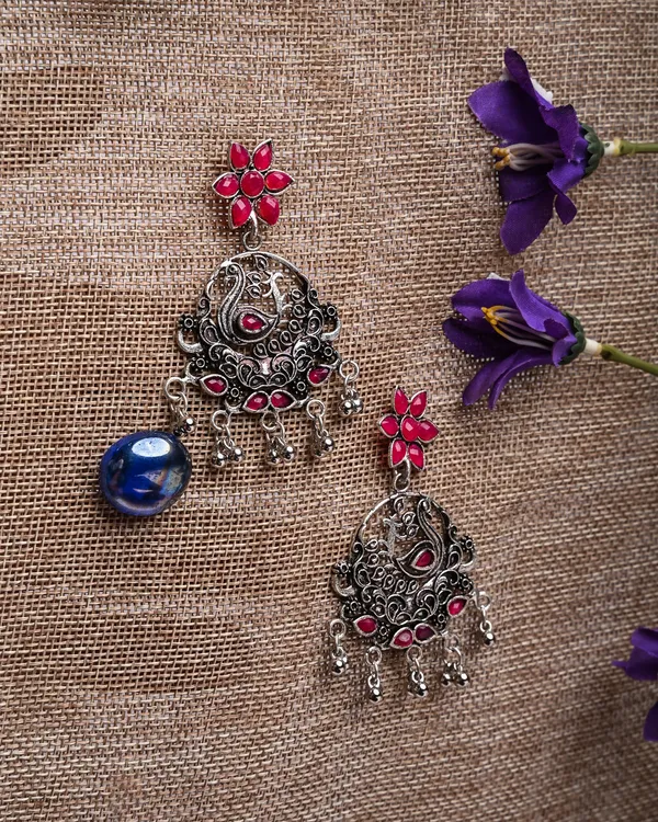 Oxidized_Silver-Toned_Peacock_Drop_Earrings_with_Ruby_Stone_Floral_Top