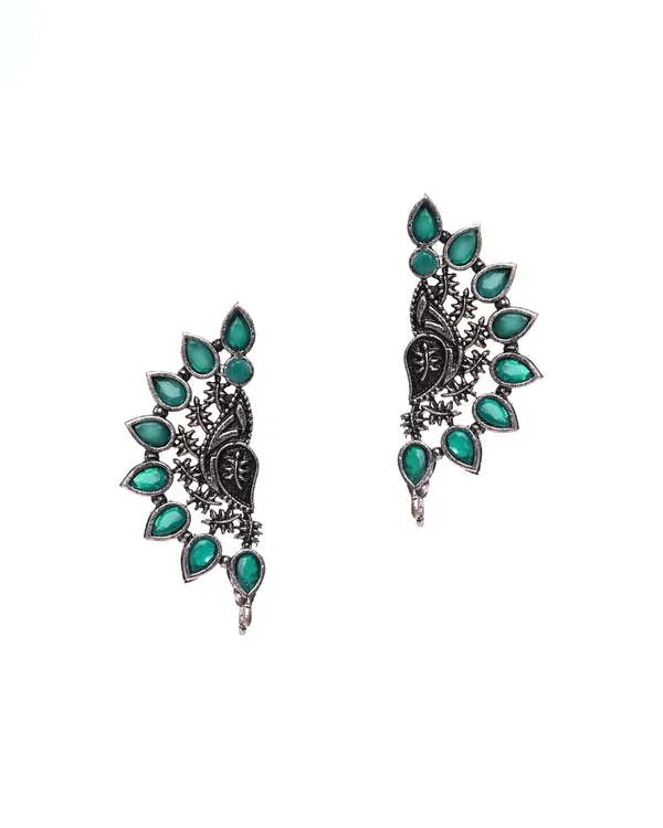 Oxidized_Silver-Toned_Ear_Cuff/Climber_Studs_with_Green_Stone_Detail