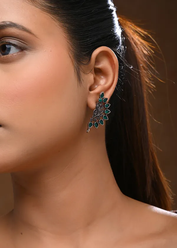 Oxidized_Silver-Toned_Ear_Cuff/Climber_Studs_with_Green_Stone_Detail