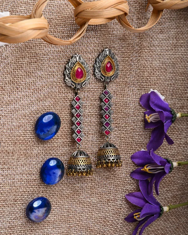 Dual-Toned_Oxidized_Silver_and_Gold_Drop_Earrings_with_Ruby_Stones