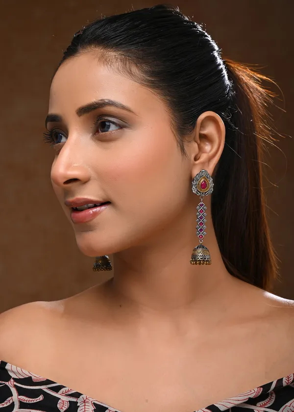 Dual-Toned_Oxidized_Silver_and_Gold_Drop_Earrings_with_Ruby_Stones