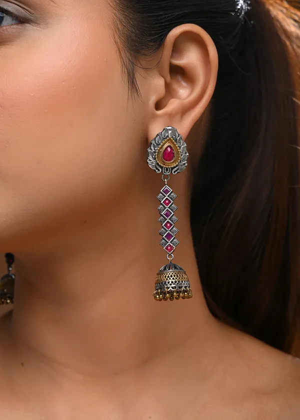 Dual-Toned_Oxidized_Silver_and_Gold_Drop_Earrings_with_Ruby_Stones