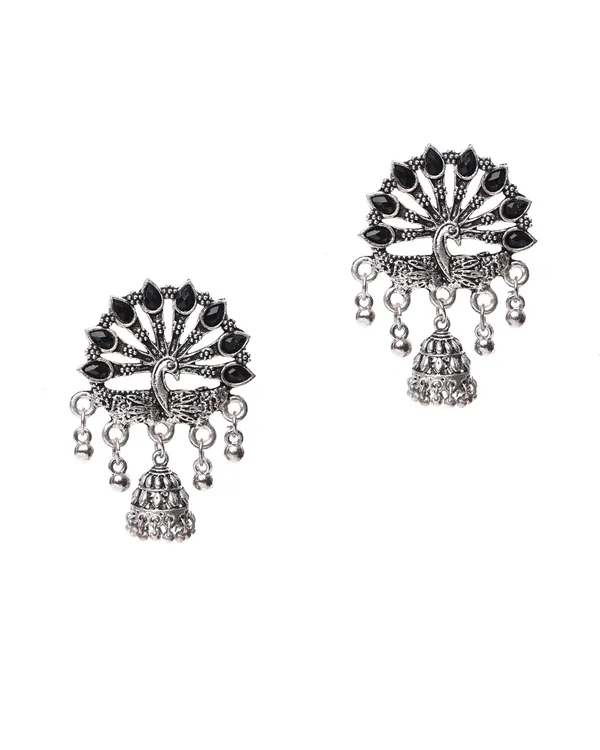 Oxidized_Silver-Toned_Peacock_Jhumka_Earrings_with_Black_Stones