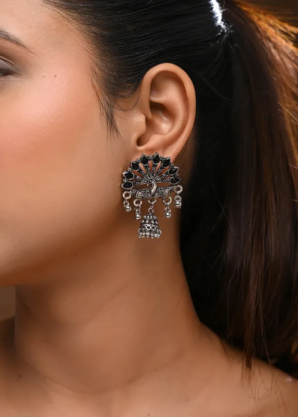 Oxidized_Silver-Toned_Peacock_Jhumka_Earrings_with_Black_Stones