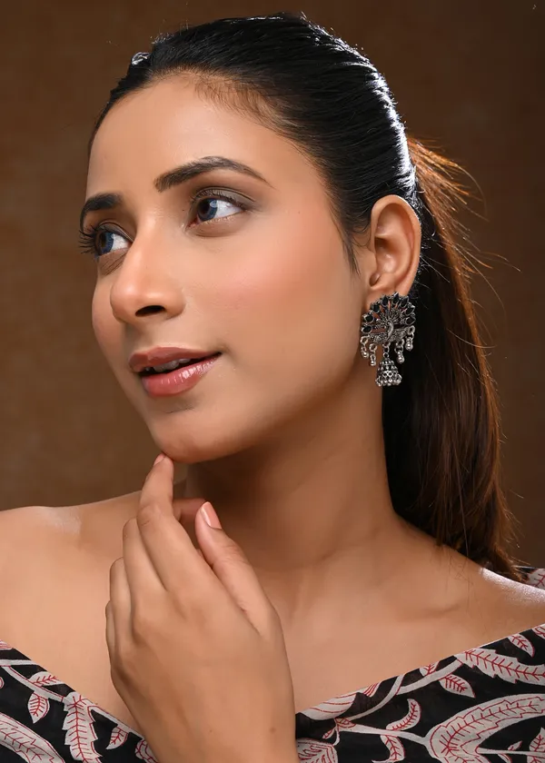 Oxidized_Silver-Toned_Peacock_Jhumka_Earrings_with_Black_Stones