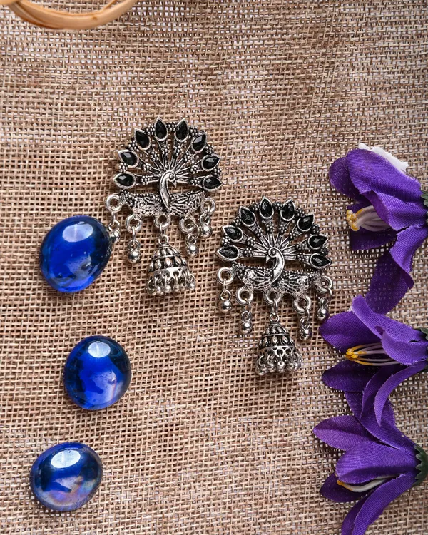 Oxidized_Silver-Toned_Peacock_Jhumka_Earrings_with_Black_Stones