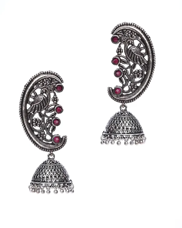Oxidized_Silver-Toned_Ear_Cuff_Jhumka_with_Red_Stones_and_Peacock_Motif