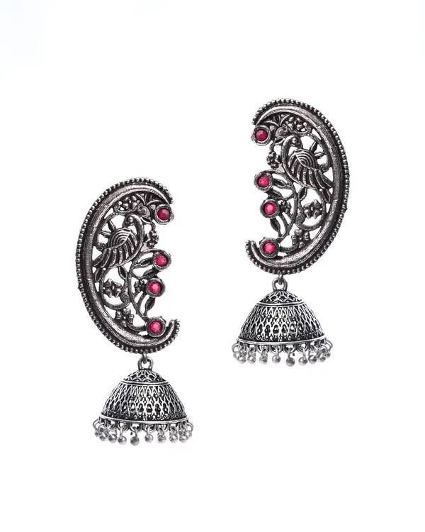 Oxidized_Silver-Toned_Ear_Cuff_Jhumka_with_Red_Stones_and_Peacock_Motif