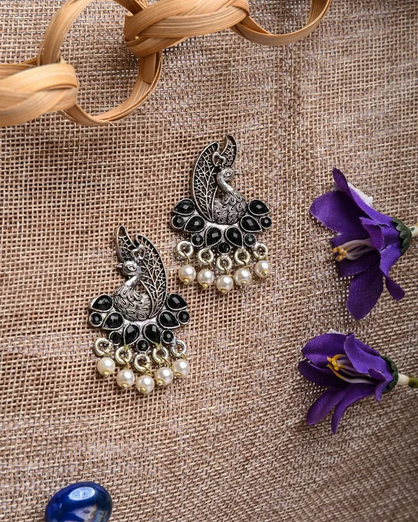 Oxidized_Silver-Toned_Peacock_Stud_Earrings_with_Black_Stones_and_Pearl_Drops