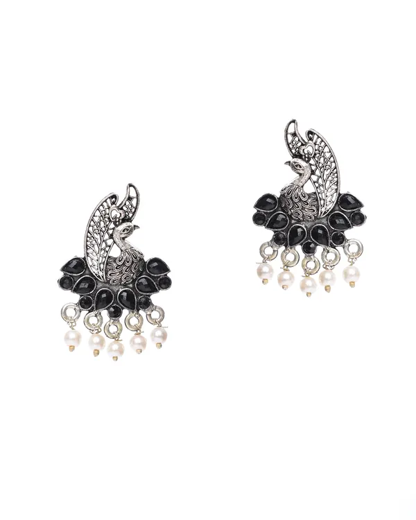 Oxidized_Silver-Toned_Peacock_Stud_Earrings_with_Black_Stones_and_Pearl_Drops