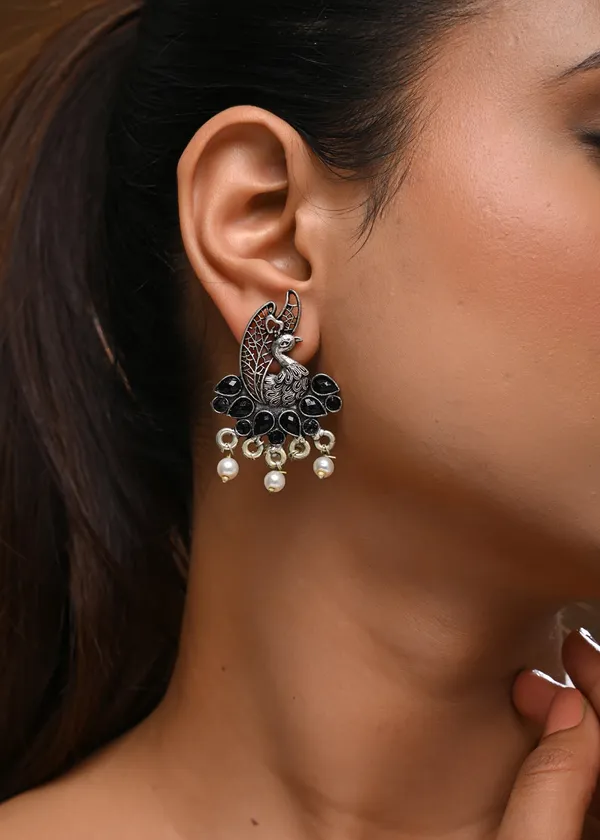 Oxidized_Silver-Toned_Peacock_Stud_Earrings_with_Black_Stones_and_Pearl_Drops