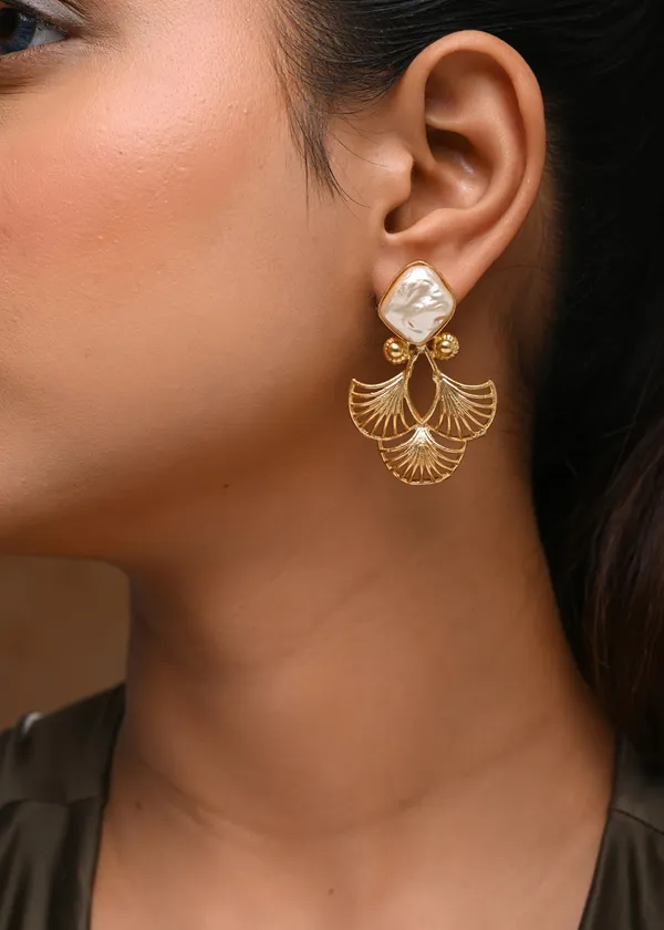 Gold-Toned_Ginkgo_Fan_Drop_Earrings_with_Baroque_Pearl_Stud