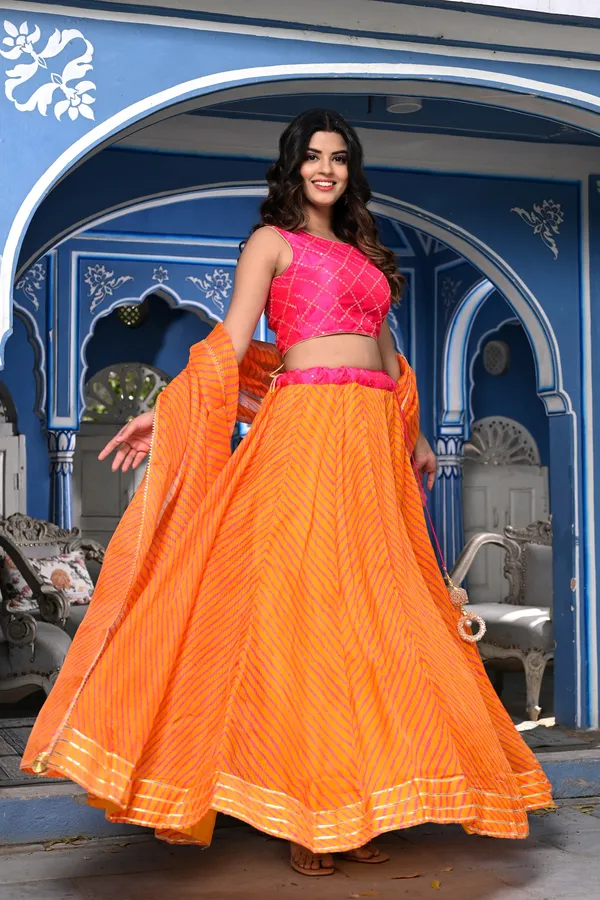 Orange_Striped_Lehenga_&_Dupatta_with_Unstitched_Blouse