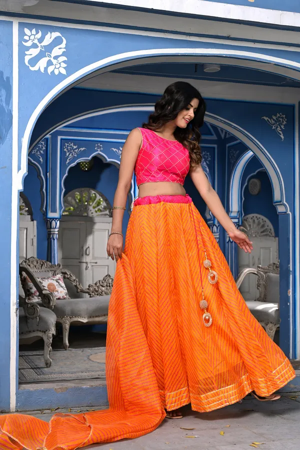 Orange_Striped_Lehenga_&_Dupatta_with_Unstitched_Blouse