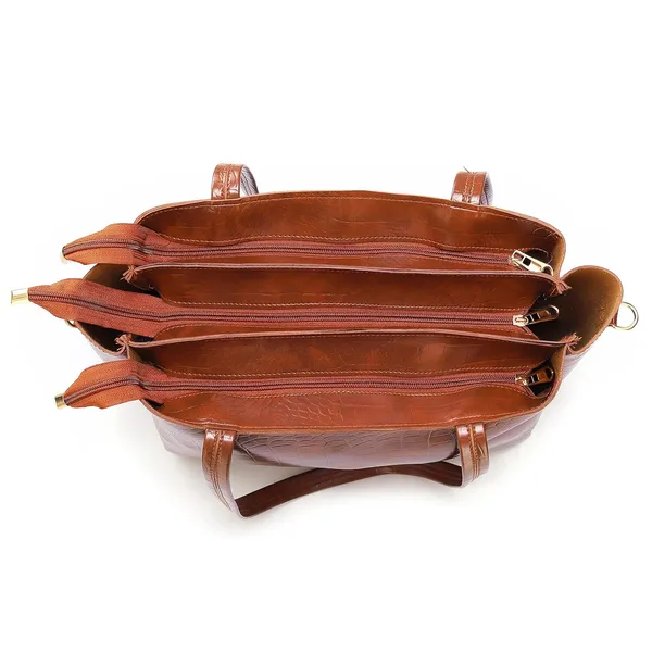 Tan_Croco_Pattern_Shoulder_Bag_For_Women_With_3_Big_Compartment