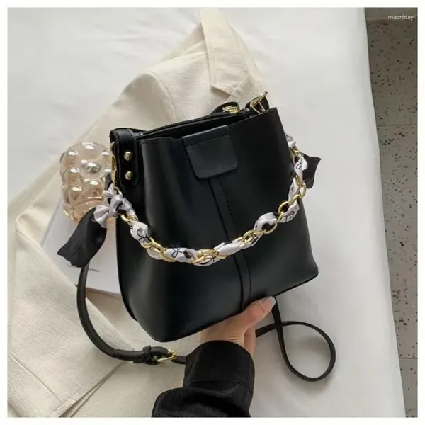 Black_Fashionable_Pu-_Women_Leather_Bucket_Tote_Bag_With_Scarf_Chain_Handle._Two_Compartment__Zipper_Pocket_As_Partition