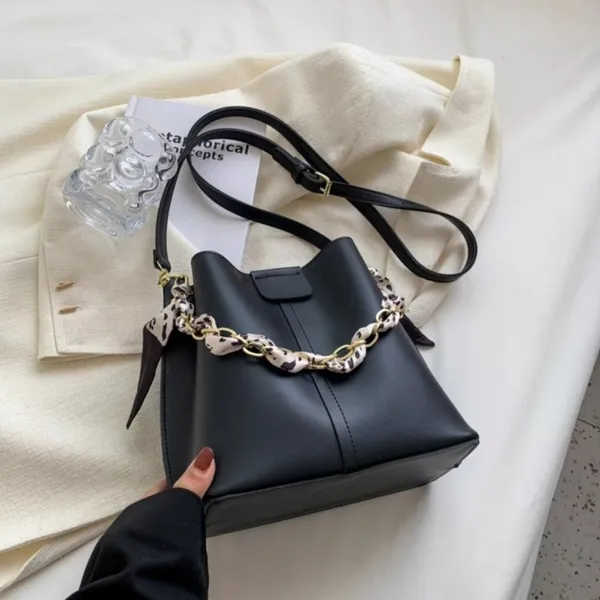 Black_Fashionable_Pu-_Women_Leather_Bucket_Tote_Bag_With_Scarf_Chain_Handle._Two_Compartment__Zipper_Pocket_As_Partition