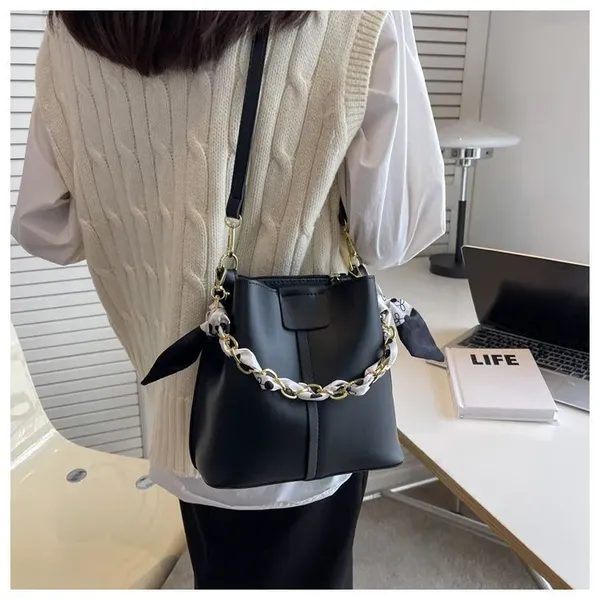 Black_Fashionable_Pu-_Women_Leather_Bucket_Tote_Bag_With_Scarf_Chain_Handle._Two_Compartment__Zipper_Pocket_As_Partition