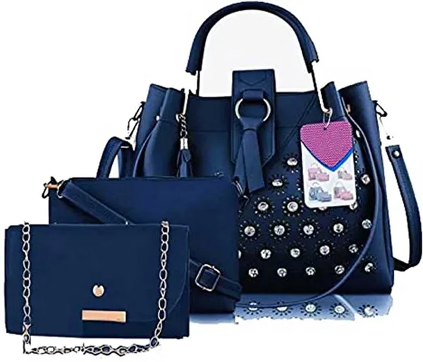 Blue_Shoulder_Pu-Leather_Handbags_For_Women'S._Combo_Set_Of_3_With_1_Compartment_And_1_Back_Zipper_Pocket
