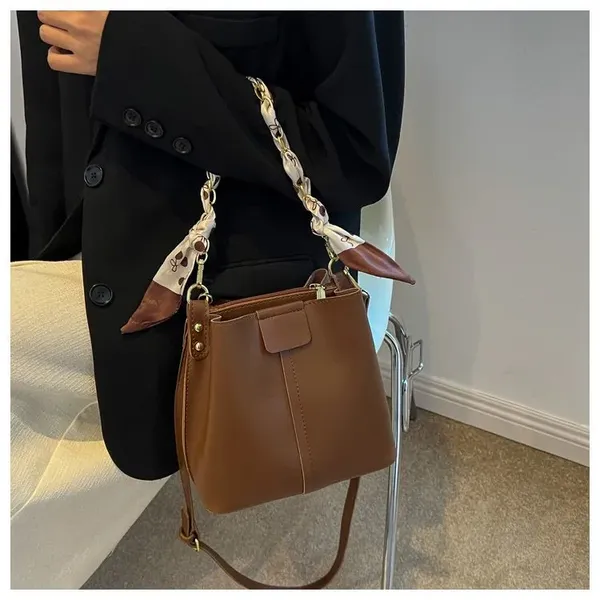 Brown_Fashionable_Pu-_Women_Leather_Bucket_Tote_Bag_With_Scarf_Chain_Handle._Two_Compartment__Zipper_Pocket_As_Partition