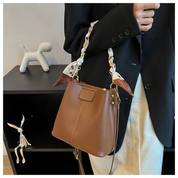 Brown_Fashionable_Pu-_Women_Leather_Bucket_Tote_Bag_With_Scarf_Chain_Handle._Two_Compartment__Zipper_Pocket_As_Partition