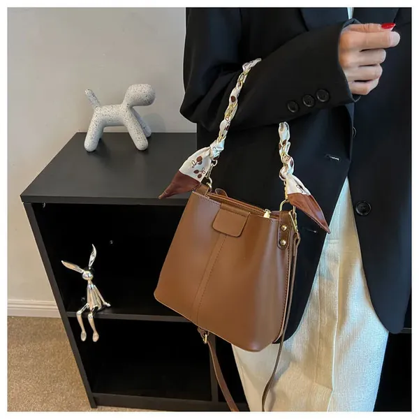 Brown_Fashionable_Pu-_Women_Leather_Bucket_Tote_Bag_With_Scarf_Chain_Handle._Two_Compartment__Zipper_Pocket_As_Partition