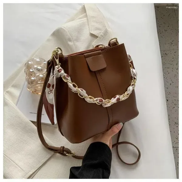 Brown_Fashionable_Pu-_Women_Leather_Bucket_Tote_Bag_With_Scarf_Chain_Handle._Two_Compartment__Zipper_Pocket_As_Partition