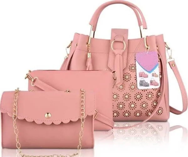 Peach_Shoulder_Pu-Leather_Handbags_For_Women'S._Combo_Set_Of_3_With_1_Compartment_And_1_Back_Zipper_Pocket