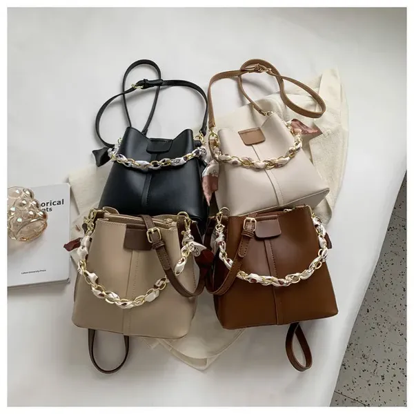 Cream_Fashionable_Pu-_Women_Leather_Bucket_Tote_Bag_With_Scarf_Chain_Handle._Two_Compartment__Zipper_Pocket_As_Partition
