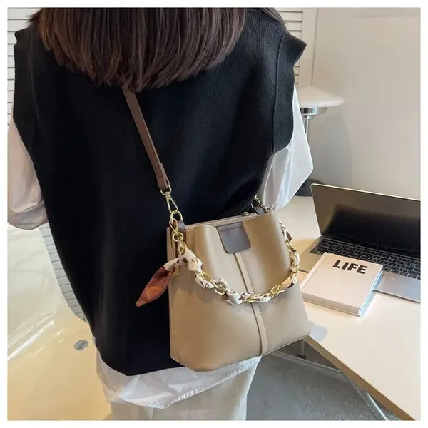 Cream_Fashionable_Pu-_Women_Leather_Bucket_Tote_Bag_With_Scarf_Chain_Handle._Two_Compartment__Zipper_Pocket_As_Partition