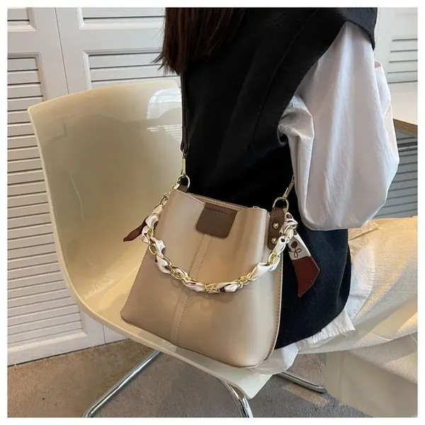 Cream_Fashionable_Pu-_Women_Leather_Bucket_Tote_Bag_With_Scarf_Chain_Handle._Two_Compartment__Zipper_Pocket_As_Partition