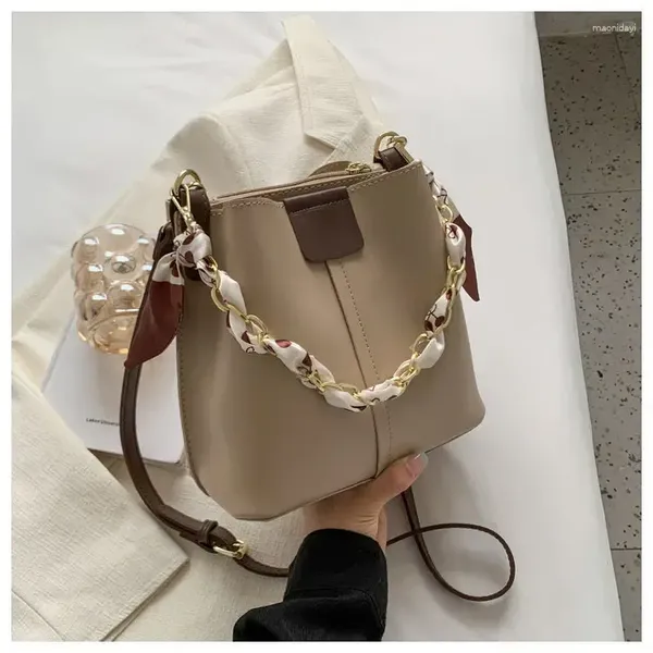 Cream_Fashionable_Pu-_Women_Leather_Bucket_Tote_Bag_With_Scarf_Chain_Handle._Two_Compartment__Zipper_Pocket_As_Partition