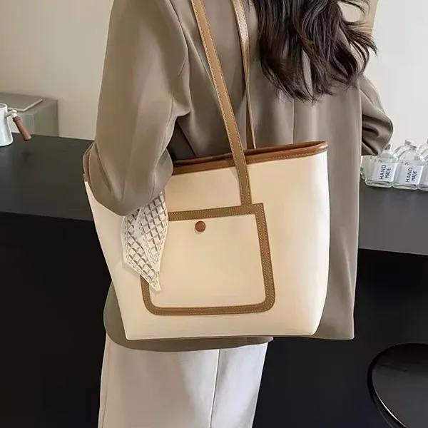 White_Stylish_Women'S_Tote_Bag_With_Back,Front_And_Inner_Pocket__Spacious_Compartment_With_Ribbon_Decoration_Perfect_For_Travel,_Office,__Daily_Style