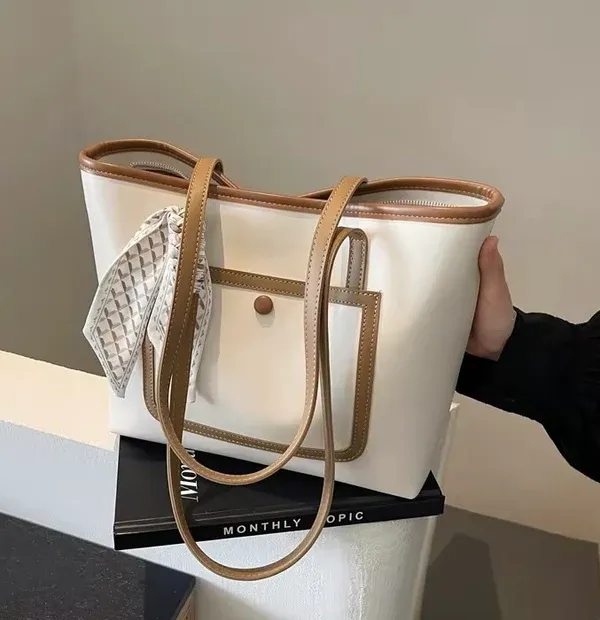 White_Stylish_Women'S_Tote_Bag_With_Back,Front_And_Inner_Pocket__Spacious_Compartment_With_Ribbon_Decoration_Perfect_For_Travel,_Office,__Daily_Style