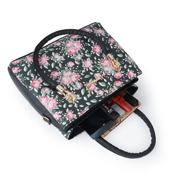 Black_Women_Printed_Flower_Fancy_Handbag_With_3_Compartment,_2_Pocket_And_2_Double_Handle