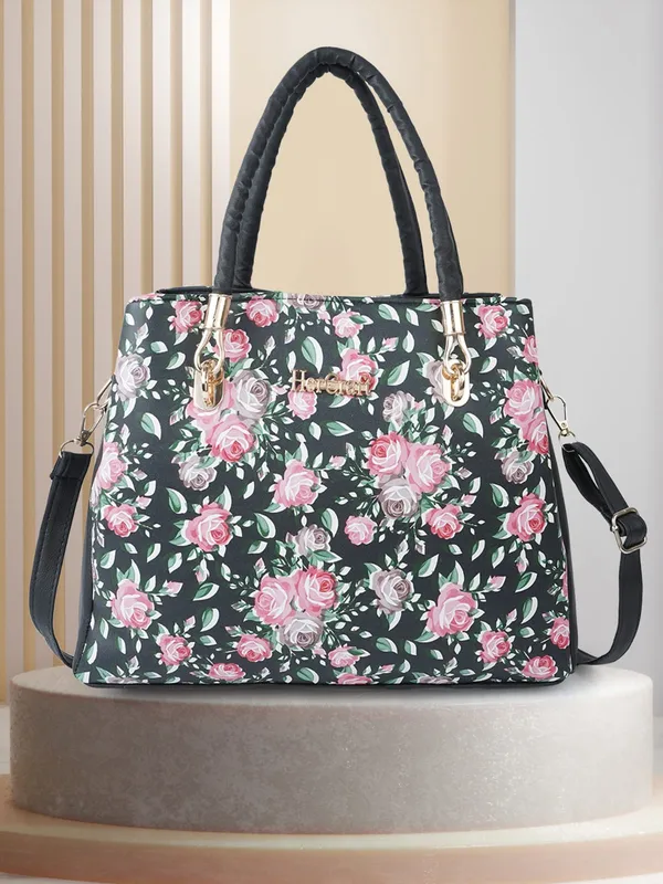 Black_Women_Printed_Flower_Fancy_Handbag_With_3_Compartment,_2_Pocket_And_2_Double_Handle