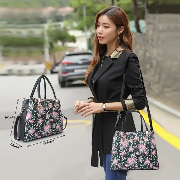 Black_Women_Printed_Flower_Fancy_Handbag_With_3_Compartment,_2_Pocket_And_2_Double_Handle