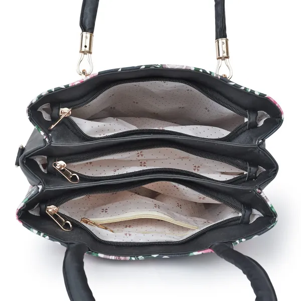 Black_Women_Printed_Flower_Fancy_Handbag_With_3_Compartment,_2_Pocket_And_2_Double_Handle