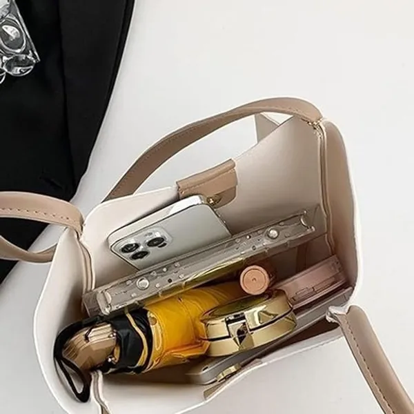 White_Versatile_Women'S_Tote_Bag_With_Back_Zip_Pocket__Spacious_Compartment__Perfect_For_Travel,_Office,__Daily_Style