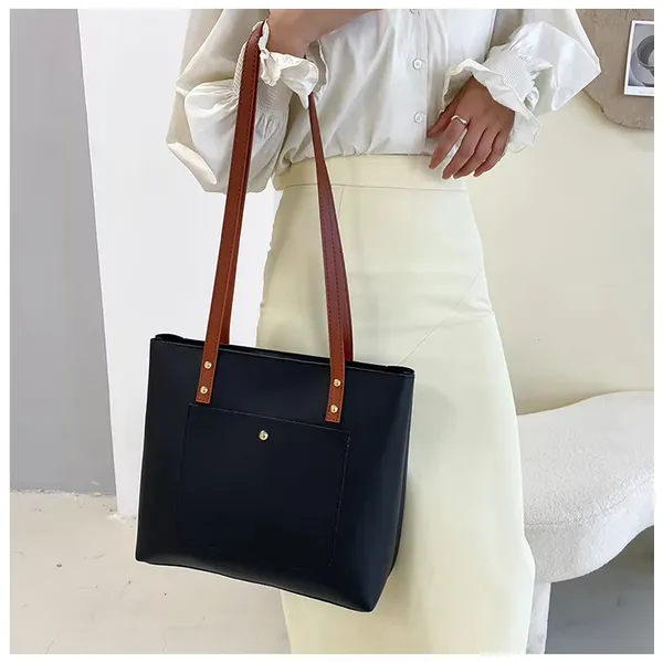 Black_Women'S_Stylish_Pu_Leather_Tote_Bag__Spacious_Design_With_1_Large_Compartment__2_Pockets,_Perfect_For_Office,_Travel,_And_Casual_Use
