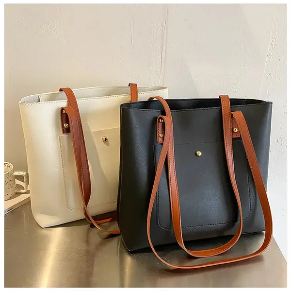 Black_Women'S_Stylish_Pu_Leather_Tote_Bag__Spacious_Design_With_1_Large_Compartment__2_Pockets,_Perfect_For_Office,_Travel,_And_Casual_Use