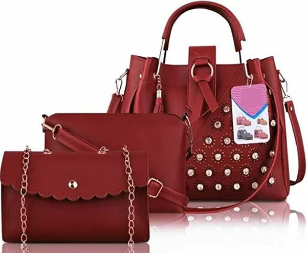 Maroon_Shoulder_Pu-Leather_Handbags_For_Women'S._Combo_Set_Of_3_With_1_Compartment_And_1_Back_Zipper_Pocket