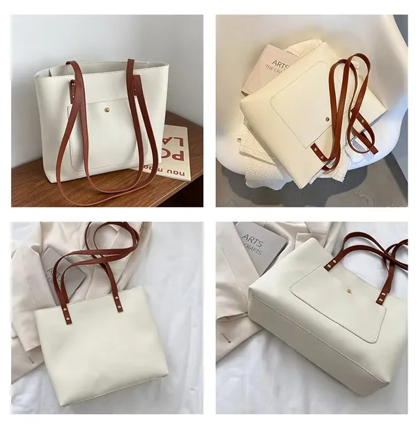 White_Women'S_Stylish_Pu_Leather_Tote_Bag__Spacious_Design_With_1_Large_Compartment__2_Pockets,_Perfect_For_Office,_Travel,_And_Casual_Use