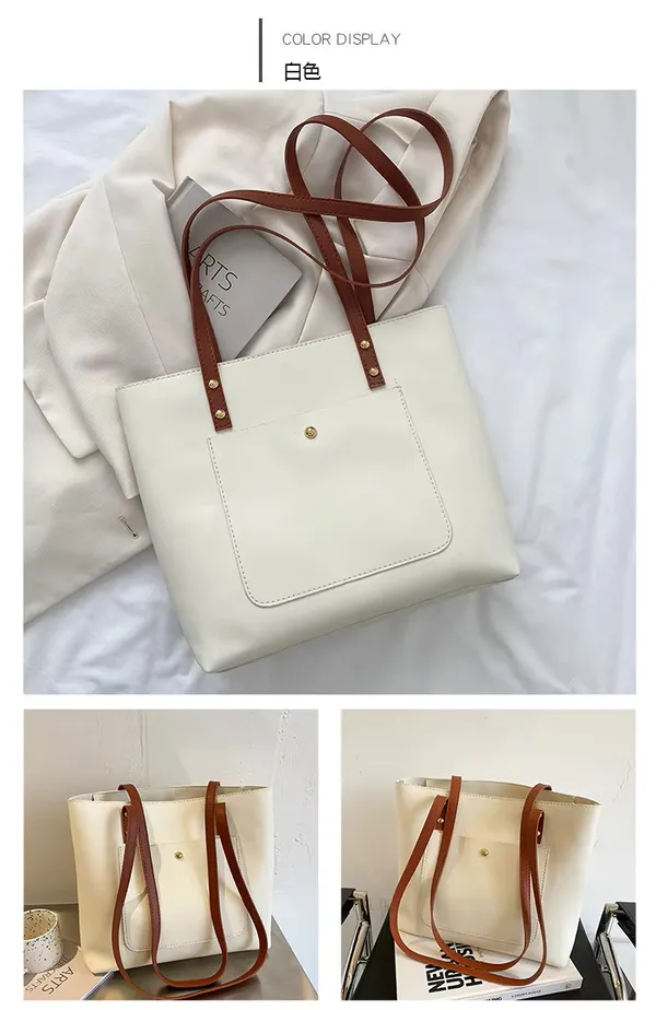 White_Women'S_Stylish_Pu_Leather_Tote_Bag__Spacious_Design_With_1_Large_Compartment__2_Pockets,_Perfect_For_Office,_Travel,_And_Casual_Use