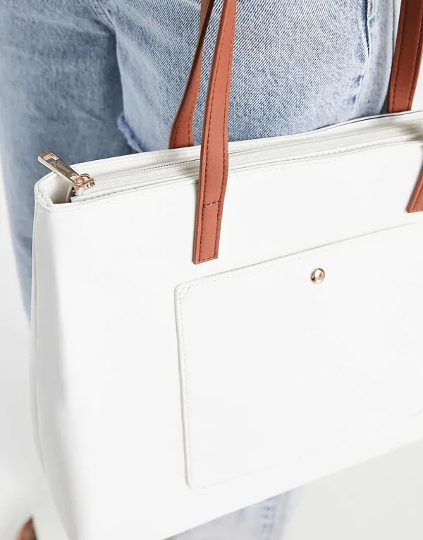 White_Women'S_Stylish_Pu_Leather_Tote_Bag__Spacious_Design_With_1_Large_Compartment__2_Pockets,_Perfect_For_Office,_Travel,_And_Casual_Use